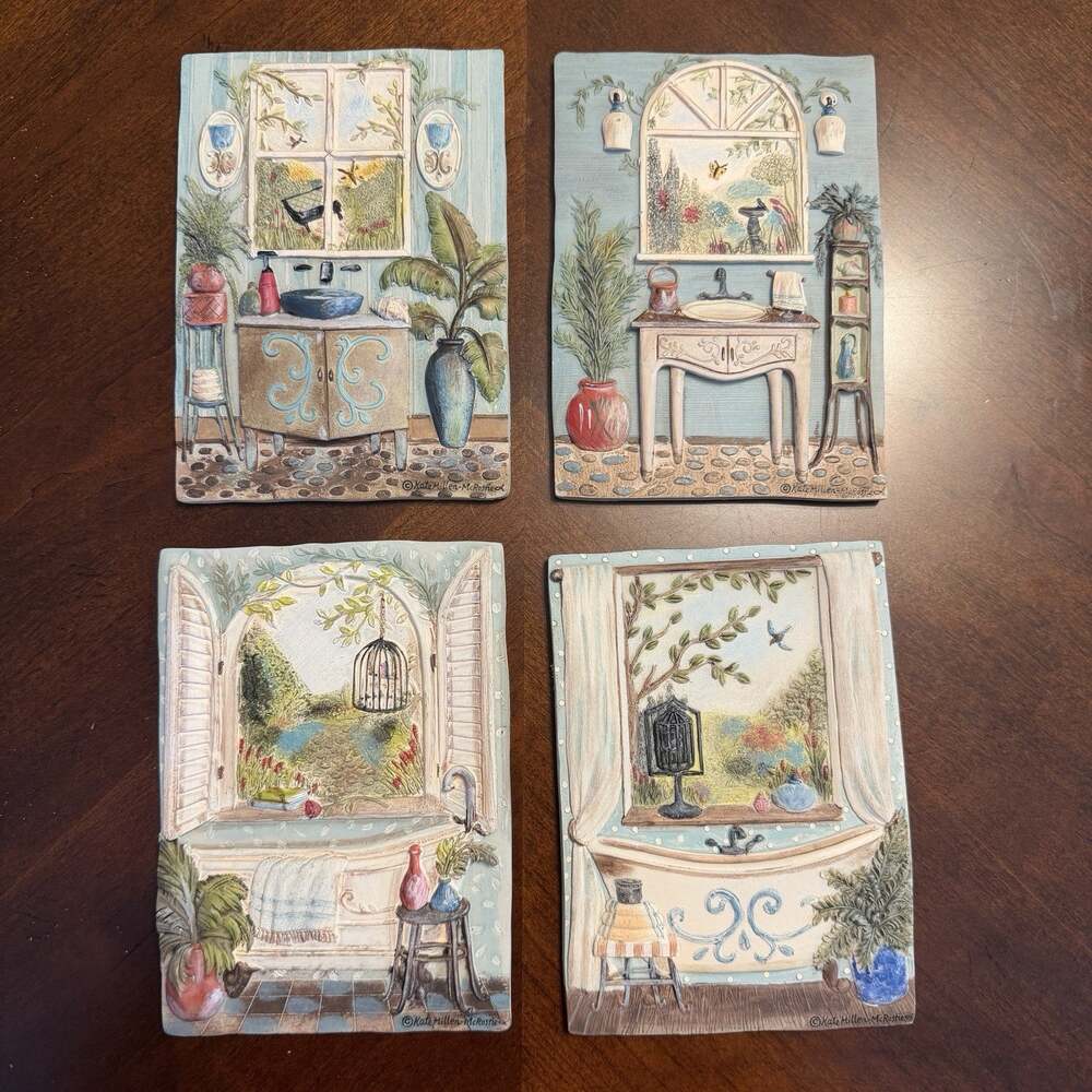 Vintage Kate Millen McRostie 3D Resin Bathroom Wall Plaques Set of 4 New View